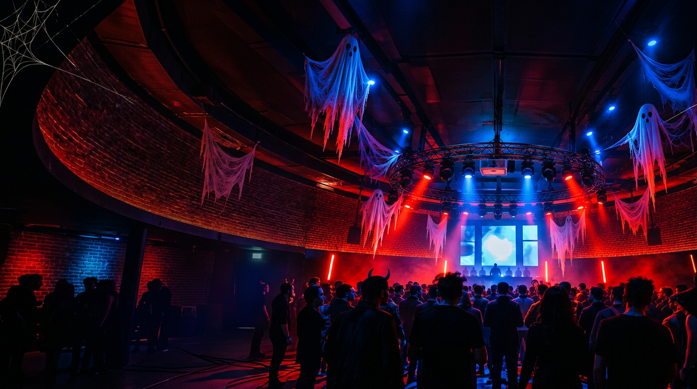 Halloween ghosts and red and blue lights above a crowded nightclub